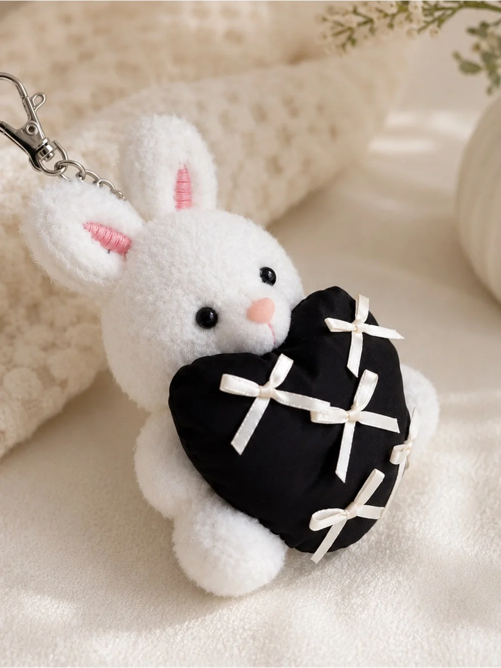 5 for $25 | Plush White Bunny Keychain with Black Heart